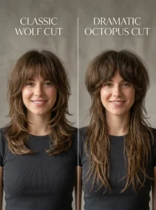 Comparison of a wolf cut and a more dramatically layered octopus haircut