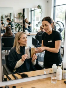 Color consultation comparing warm and cool blonde shades for a wolf cut