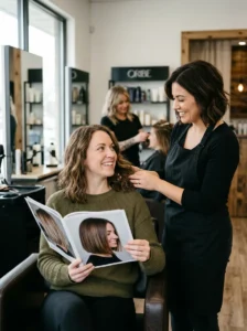 Client discussing a precise 90s bob haircut with her stylist