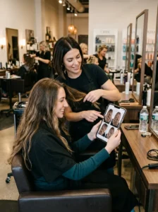 Woman discussing long layers and reference photos with her stylist