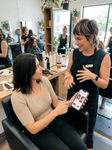 Salon consultation comparing long wolf cut and pixie wolf cut references