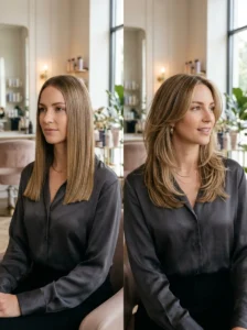Comparison between a heavy one-length haircut and a layered haircut for flat hair.