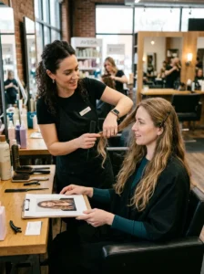 Client discussing subtle long layers with a hairstylist