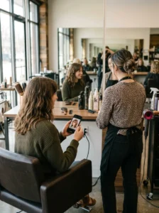 Woman discussing a low-maintenance haircut with her stylist during a consultation