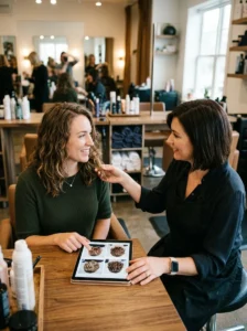 Woman discussing medium length haircut options with her stylist