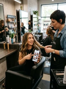 Woman consulting a hairstylist about the layers and length of an octopus haircut