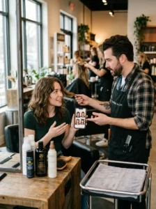 Woman discussing shag haircut layers and bangs with her hairstylist