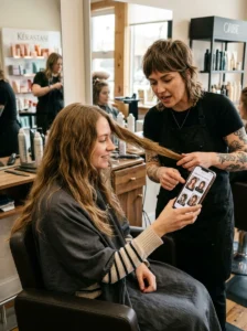 Woman discussing long wolf cut layers and length with her hairstylist