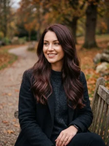 Woman with deep mahogany hair featuring rich brown and red undertones.