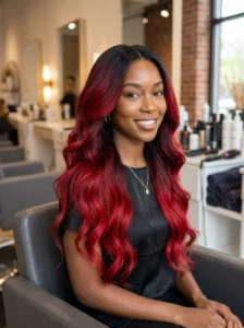 Long weave with black roots transitioning into vivid red ombre ends