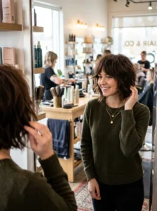 Dimensional balayage highlighting the layers of a bob wolf cut