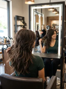 Woman examining the dramatic layers of her finished octopus haircut
