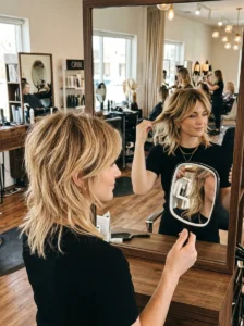 Woman examining her finished warm blonde wolf cut in a salon mirror