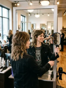 Woman examining her finished wearable rocker-inspired hairstyle in a salon mirror