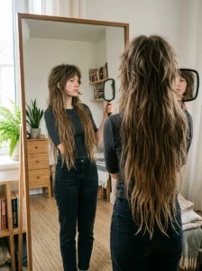 Woman examining the preserved length and layers of her long wolf cut