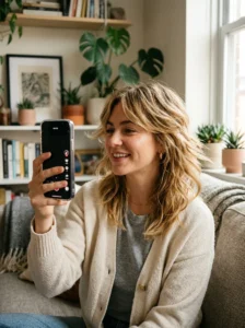 Woman showing her dimensional blonde wolf cut in a casual social media video