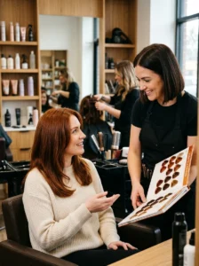 Woman discussing warm fall hair color questions and maintenance with a hairstylist.