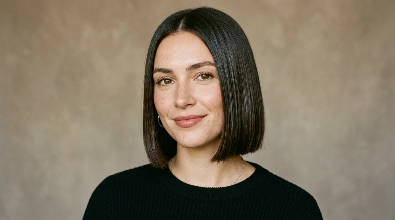 Sleek blunt 90s bob haircut with glossy jaw-length hair