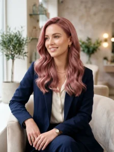 Woman with glossy full rose pink hair styled in soft waves.