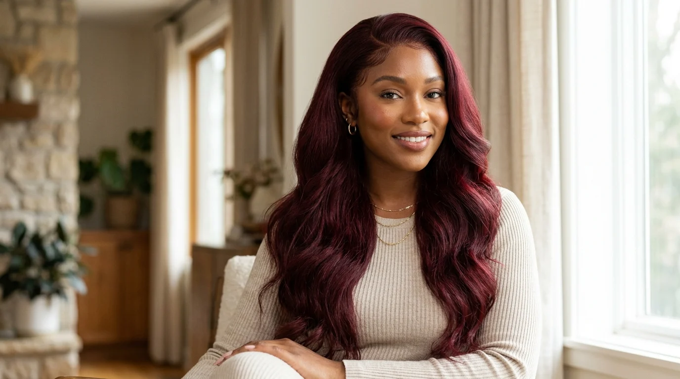 Woman with long deep red weave hair in a glossy cherry-burgundy shade