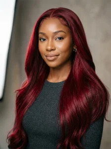 Long glossy cherry red weave with a vivid saturated finish