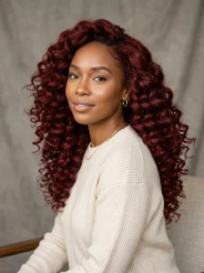 Voluminous deep red weave styled in large bouncy curls