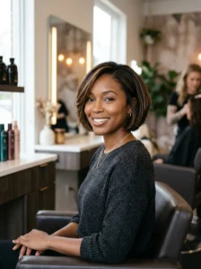 Sleek bob with soft face-framing curls around the front.