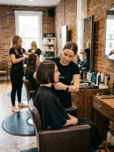 Stylist maintaining the precise line of a 90s bob haircut