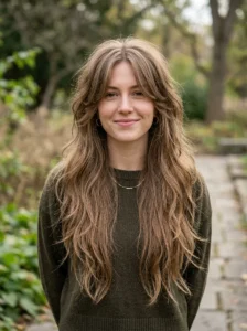 Long wolf cut with dramatic crown layers, face-framing pieces, and textured ends
