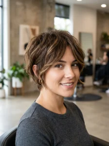 Subtle dimensional highlights emphasizing the texture of a pixie wolf cut