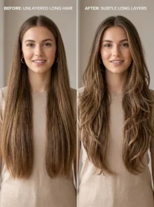 Long layered hair retaining overall length while adding movement