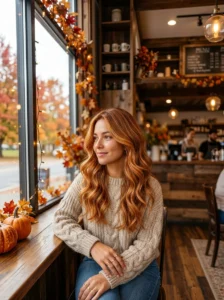 Warm golden, copper, amber, and cinnamon hair tones creating a cozy fall-inspired look.