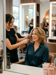 Woman with a voluminous layered haircut for fine and flat hair.