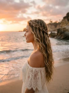 Playful space buns hairstyle for a fun beach day.