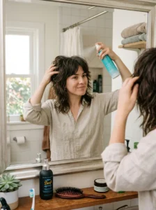 Woman styling a shag haircut with texturizing spray for natural volume
