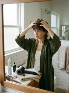 Woman styling a short wolf cut with texturizing product