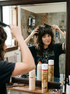 Woman creating volume and texture in a rocker hairstyle while styling her hair