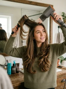 Woman styling long layered hair with a round brush and blow dryer