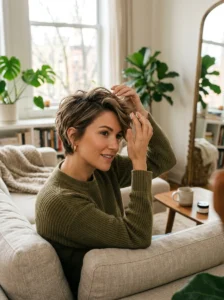 Styling a bixie haircut with texturizing product for a tousled finish.