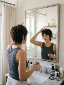 Woman finger-styling the textured layers of a pixie wolf cut