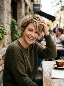 Short pixie wolf cut providing texture and movement with less hair length