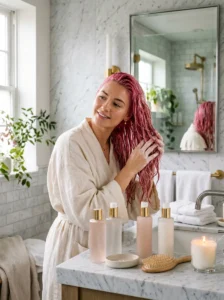 Pink hair maintenance routine for keeping color-treated hair vibrant and healthy.