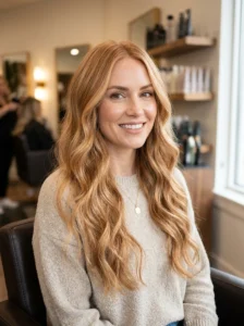 Soft strawberry blonde-red weave with warm blended tones