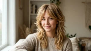 Woman with a warm dimensional blonde wolf cut and darker root shadow