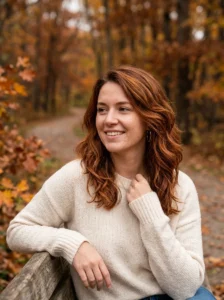 Woman with warm cinnamon brown hair featuring reddish-orange undertones.