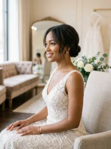 Mini low bun hairstyle for short bob hair