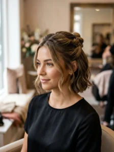 Half-up twisted knot hairstyle for short bob hair