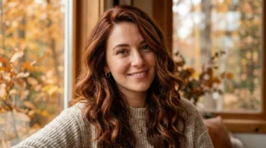 Woman with warm auburn fall hair color and soft waves in a cozy autumn setting.