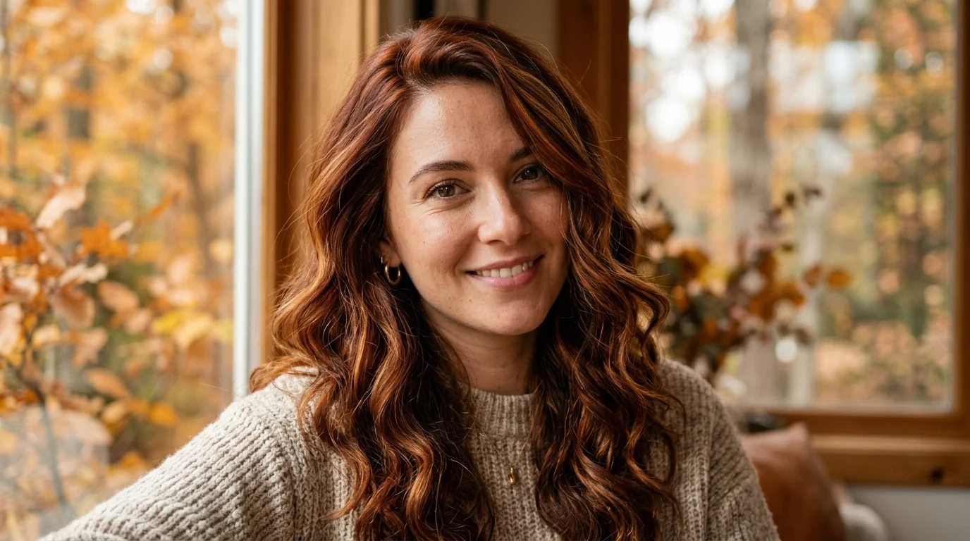 Woman with warm auburn fall hair color and soft waves in a cozy autumn setting.