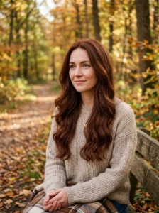 Woman with rich deep auburn hair in a natural-looking fall-inspired shade.
